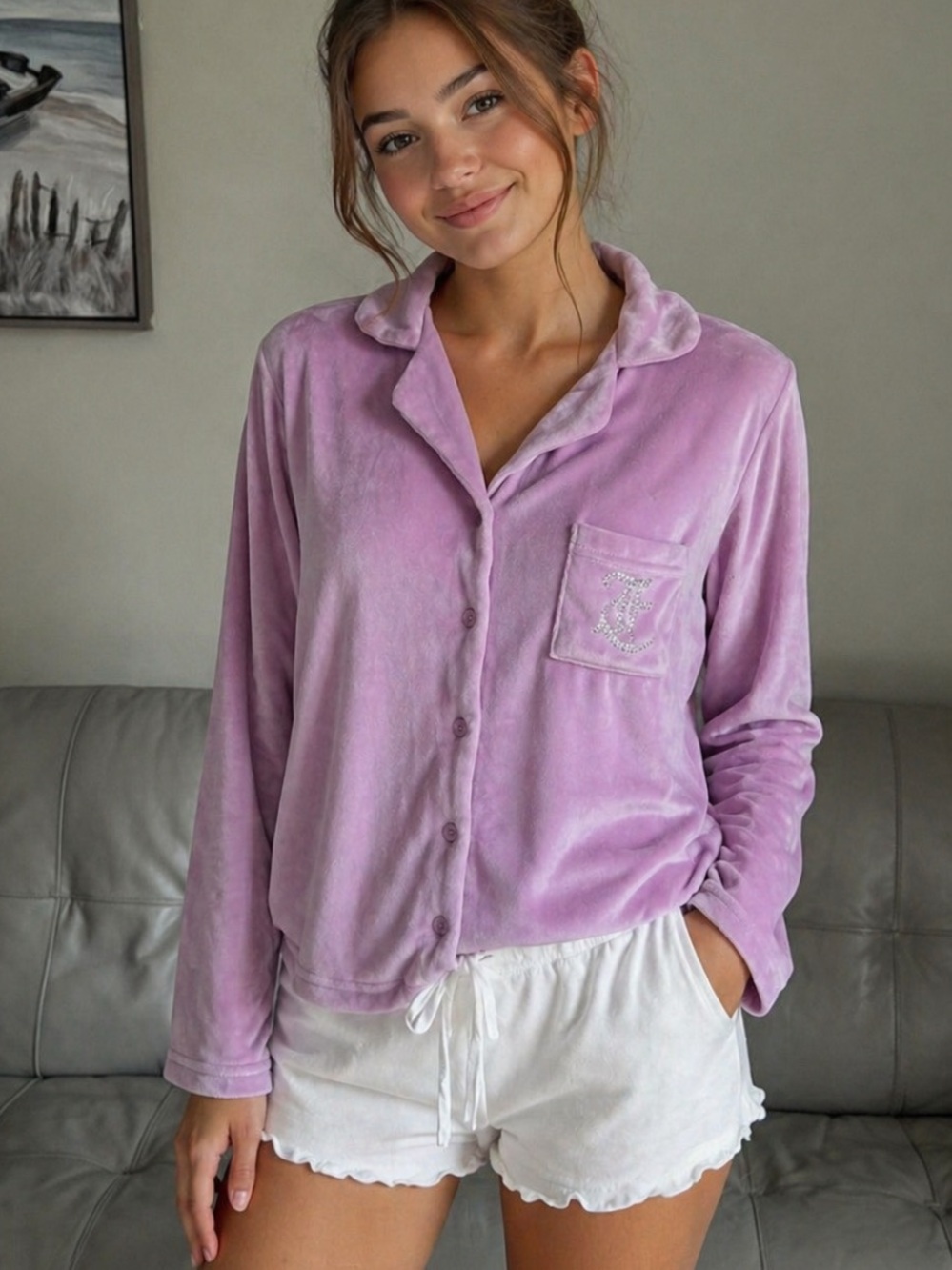 Juicy Couture Velour Top Sz M Long Sleeve Embellished Logo Jacket Y2K Pajama